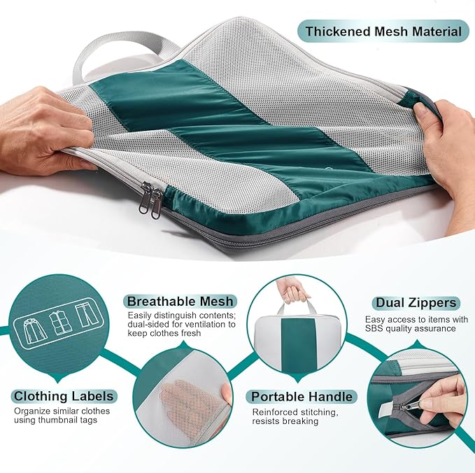 10 Set Compression Packing Cubes for Travel Essentials,Compressible Expandable Packing Cubes for Suitcase,OlarHike Luggage Organizer Bags,Handy Helper for Organizing Clothes(Dark Blue Green)