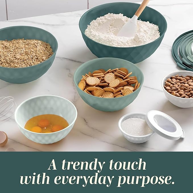 COOK WITH COLOR Mixing Bowls with Lids - 12 Piece Plastic Nesting Bowls Set includes 6 Prep Bowls and 6 Lids, Diamond Design - Microwave Safe, Green