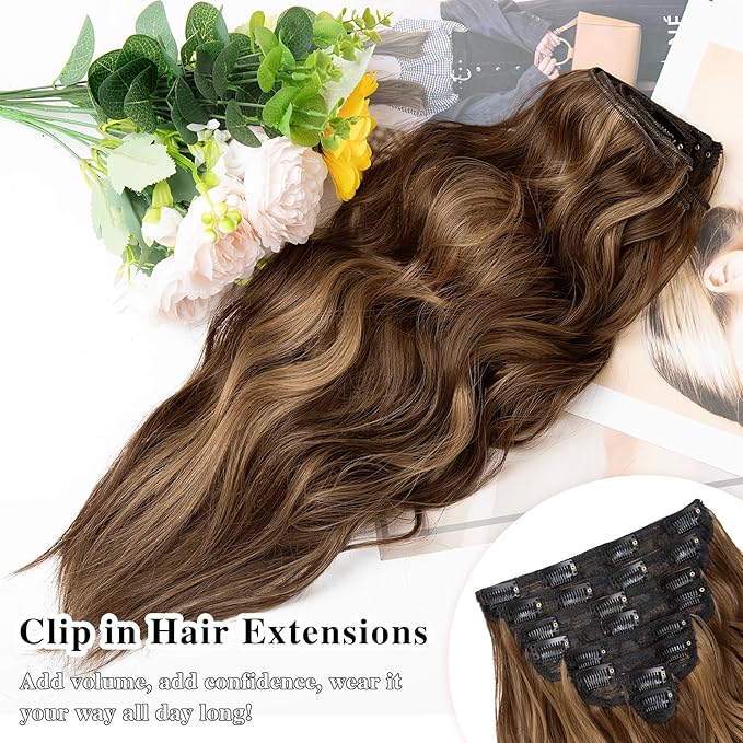 Clip in Hair Extensions for Women, 20 Inch Light Brown Hair Extensions Mix Blonde, 8PCS Curly Seamless Clip Ins Wavy, Synthetic Lace Weft Hairpieces for Daily Party Use