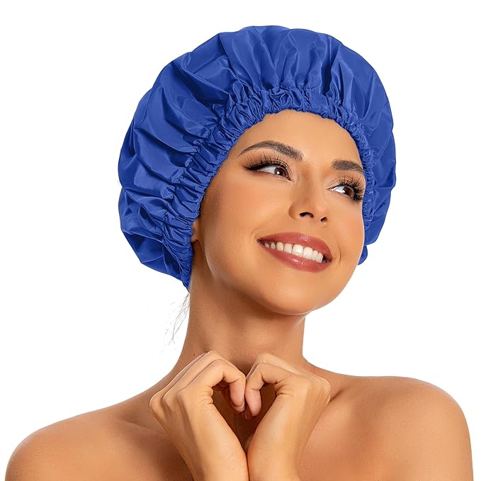 Reusable Shower Cap for Women, Large Waterproof Shower Essentials Bonnet Washable Elastic Band Bath Hair Wrap Hat for Long Hair, Braids(Dark Blue)