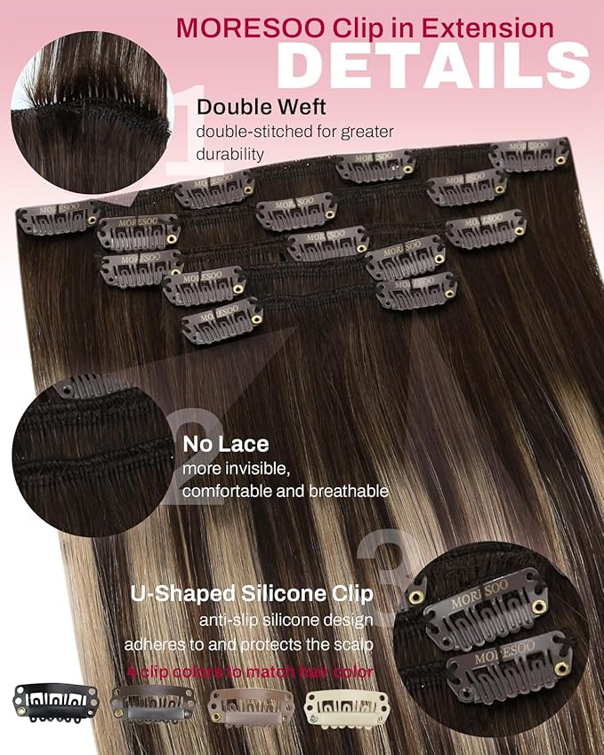 Moresoo Clip in Hair Extensions Human Hair Dark Brown to Blonde Balayage Hair Extensions Clip ins Long Ombre Dark Brown to Honey Blonde Double Weft 80g/5pcs 20 inch