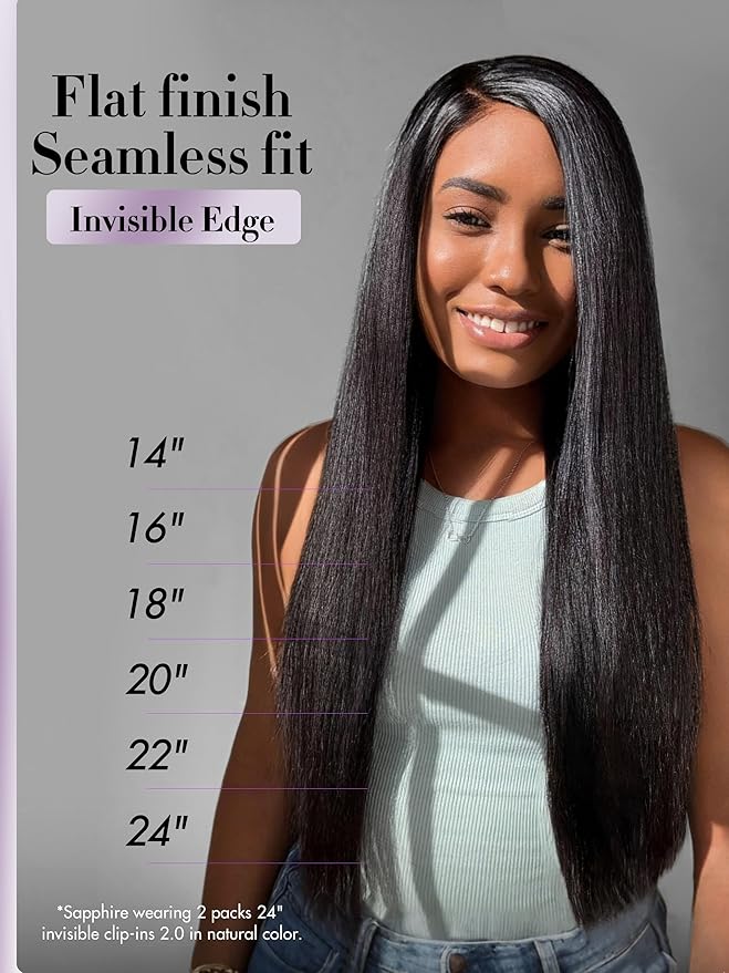 LUVME Invisible Clip in Hair Extensions, Yaki Straight Real Human Hair 22 Inch 2 Pack 220g 12pcs Clip ins Hair Extensions Natural Black for Women