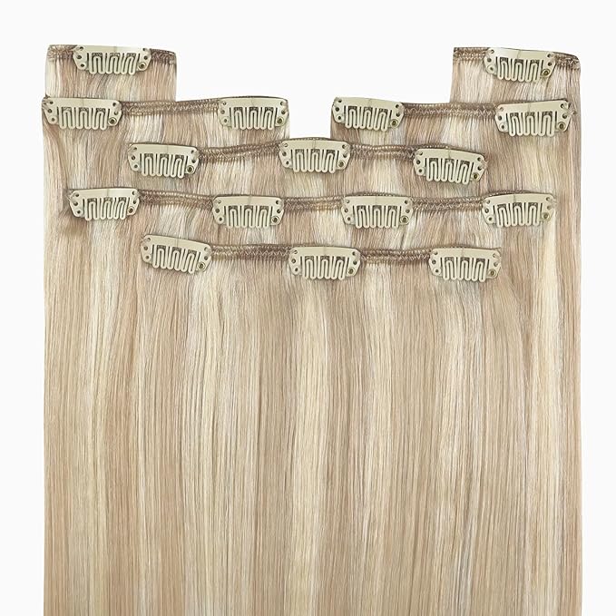 YoungSee Clip in Human Hair Extension Ash Blonde Clip in Hair Extensions Human Hair Warm Ash Blonde Highlights Bleach Blond Thick Hair Clip in Extensions 120G 22Inch 7Pcs