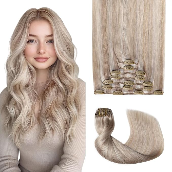 Pro2.0 Clip in Hair Extensions Real Human Hair 20inch 7pcs Color #18p1000 Ash Blonde with Bleach Blonde Remy Real Human Hair Extensions Clip ins 120g Thick Double Weft（#18P1000-20inch）