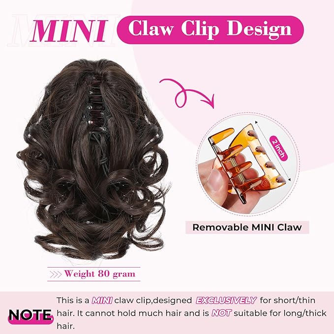 REECHO Ponytail Extension, 9" Claw Clip in Short Curly Wavy Pony Hair Extension Jaw Clip on Pony Tail HP001 Hairpiece for Women - Dark Copper