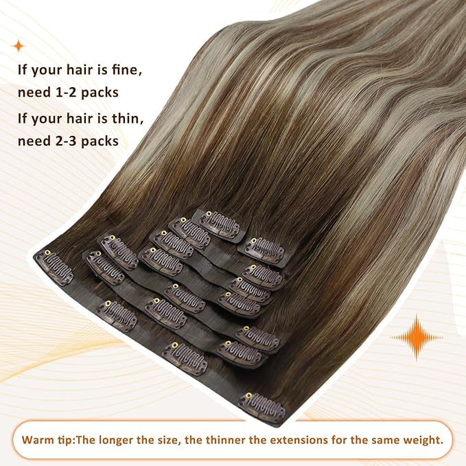 Full Shine Balayage Human Hair Clip in Extensions Brown Ombre Clip in Hair Extension Light Brown Mix Blonde Invisible Hair Extension 18 Inch 120 G 8 PCS