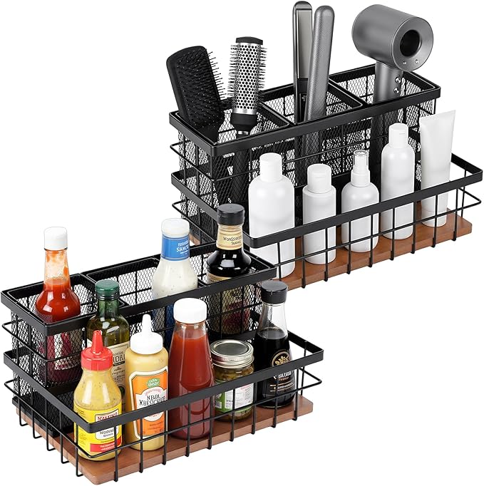 2 Pcs Hair Tool Organizer Countertop Breathable Metal & Bamboo Hot Tools Organizer Under Sink Bathroom Hair Dryer Holder Countertop Brush Comb Holder,Makeup Tray (Koa Wood,Black)