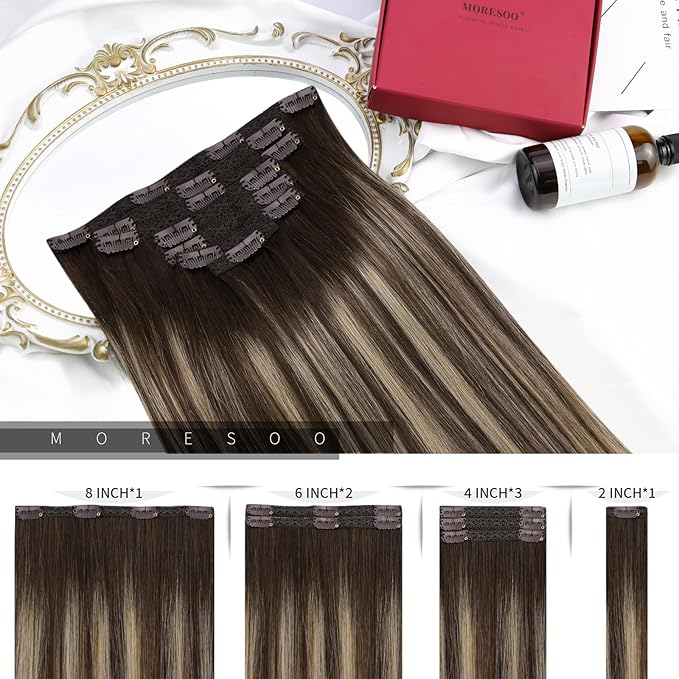 Moresoo Clip in Hair Extensions Balayage Brown Remy Human Hair Clip in Extensions Dark Brown Mixed with Caramel Blonde 7Pcs/120G 20inch