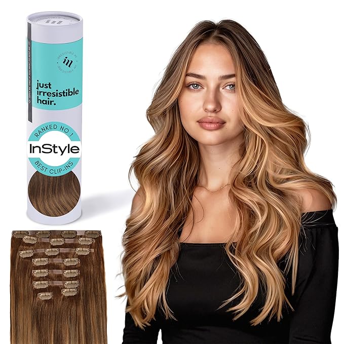 Irresistible Me Real Human Hair Extensions Clip Ins – 100% Human Hair Clip In Extensions for Length & Volume – Invisible Extension – Heat Resistant & Dyeable – Caramel Balayage, 14 Inches