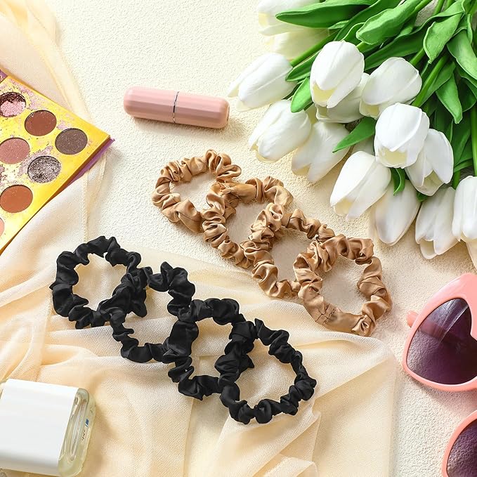 WILLBOND 30 Pcs Small Satin Silk Scrunchies Bulk for Women, Thin Hair Ties Mini Scrunchy Bands Skinny Ponytail Holders for Thick Curly Hair Pony Tails Wrist Decor(Black, Gold)