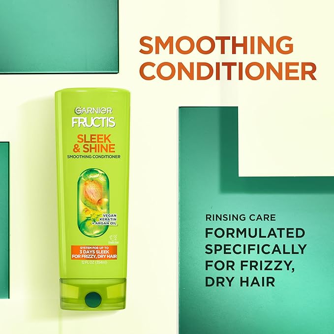 Garnier Fructis Sleek & Shine Full + Travel Size Shampoo (12.5 & 3 Fl Oz) + Conditioner (12 & 3 Fl Oz) Set for Frizzy, Dry Hair, Plant Keratin + Argan Oil (4 Items), 1 Kit (Packaging May Vary)