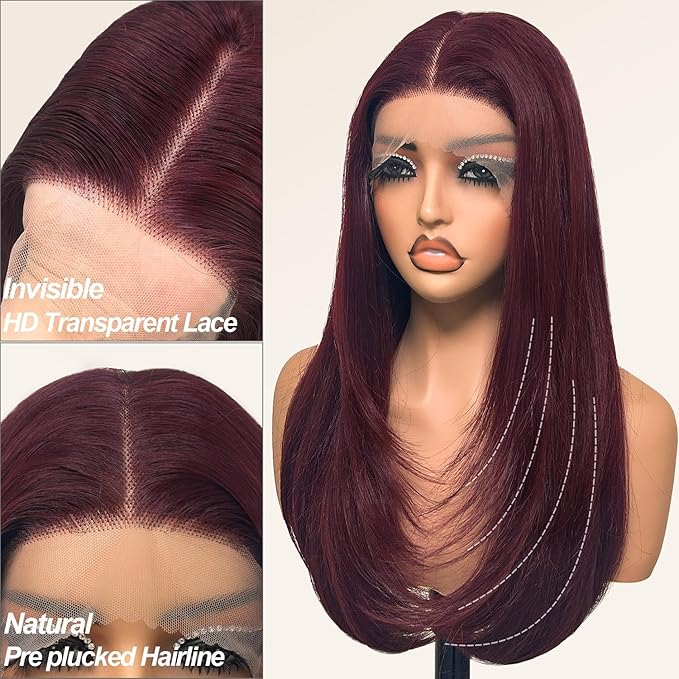 Glueless Synthetic Lace Front Wig 26 Inches Long Straight Red Wigs for Black Women 13x5x1 HD Lace Hand Tied Pre Plucked Hairline (#99J Burgundy, 26 Inch)