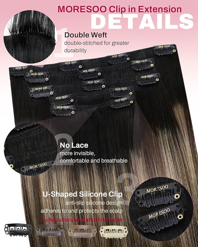 Moresoo Clip in Hair Extensions Real Human Hair Balayage Black to Brown with Dark Blonde 5pcs 80g Remy Straight Invisible Lace Double Weft Ombre Human Hair Clip in Extensions 16inch
