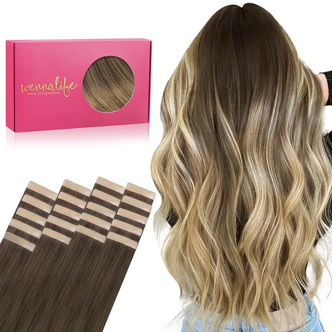 WENNALIFE Tape in Hair Extensions Human Hair, 20pcs 22 inch 50g Ombre Walnut Brown to Ash Brown and Bleach Blonde Remy Tape Hair Extensions Real Human Hair Tape Extensions Coloured Hair Extensions