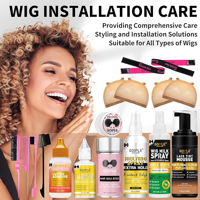 Lace Tint Mousse Wig Milk Spray for Synthetic Hair, Leave-in Conditioner Spray Conditioner ＆ Detangler Moisturizer, Wig Glue for Lace Front Wigs Strong Hold Hair Adhesive Wigs Accessory Essentials Kit