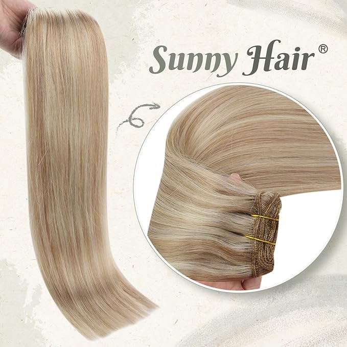 Ve Sunny Human Hair Clip in Extensions Full Head Remy Hair Extensions Blonde Highlight for Women Warm Color Clip in Hair Extensions Straight 120g 7pcs 16 inch