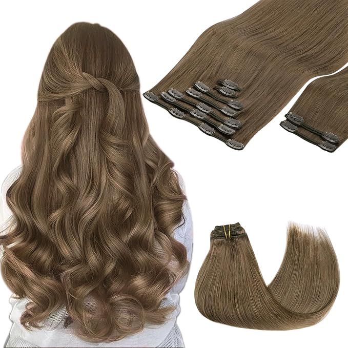 GOO GOO Clip in Hair Extensions Real Human Hair, Remy Human Hair Extensions Clip ins for Women, Natural Human Hair, 16inch 150g 9Pcs, 5 Light Ash Brown
