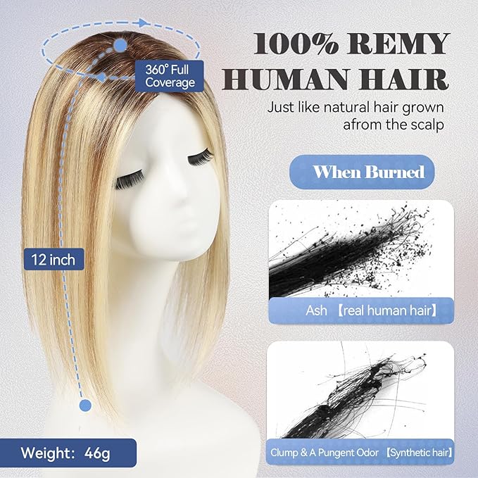 HAIRCUBE Hair Toppers 100% Real Human Hair,Ombre Blonde with Brown Highlight, 5.5"*4" MONO Large Base, 46g Hand-moven Real Human HairToppers for Women with ThinningHair
