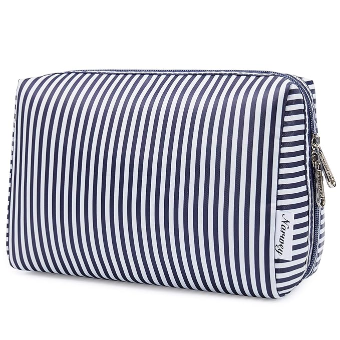 Narwey Cute Makeup Bag Travel Cosmetic Bag Organizer Toiletry Bag Make Up Bags with Compartments for Women Girls (Large, Blue Stripe)