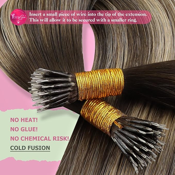 YoungSee Nano Ring Hair Extensions Human Hair Balayage Nano Link Hair Extensions Remy Hair 22Inch Nano-Bead Extension Dark Brown with Caramel Blonde Human Hair Extensions Nano-Tip 50G/50S