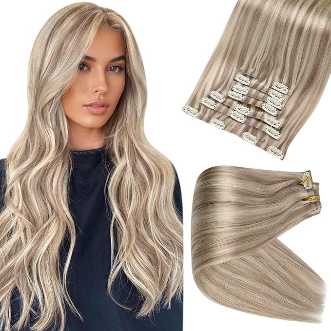 Full Shine Clip in Human Hair Extensions Highlights 20 Inch Long Ash Blonde Clip in Hair Extensions Ash Blonde Mix Bleach Blonde PU Clip ins Real Human Hair 8 PCS 120 G
