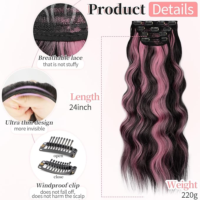 KooKaStyle Clip in Hair Extensions 4PCS Long Wavy Natural & Soft Hairpieces for Women 24 Inch for Women(Natural Black Pink)