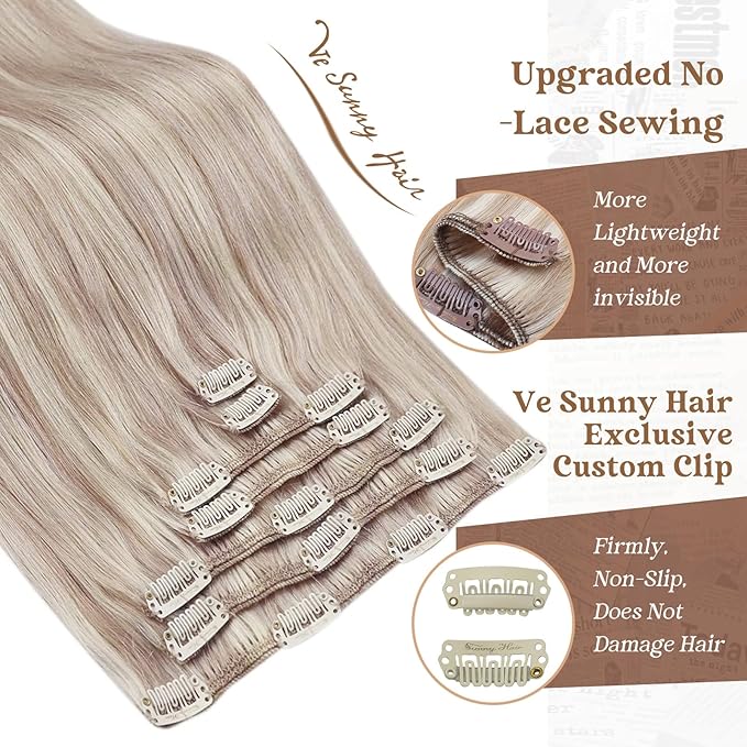 Ve Sunny 18inch Clip in Hair Extensions Real Human Hair Ash Blonde Highlight Bleach Blonde Clip in Human Hair Extensions for Women Soft Thick Straight 120g 7pcs
