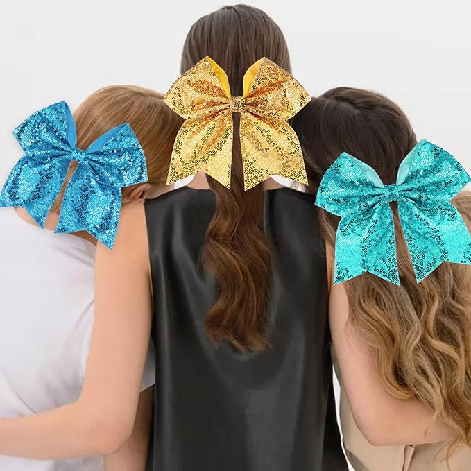 Large Big 7 Inch Glitter Bow Clip Sequin Bling Party Hair Accessories for Women Teens Girls Kids 3 Pcs (Yellow,Green,Blue)