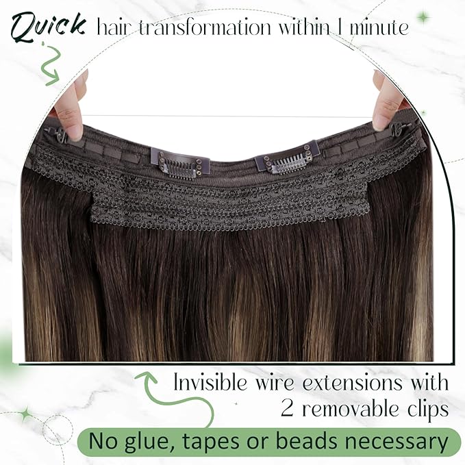 RUNATURE Wire Human Hair Extensions Balayage, Invisible Hair Extensions with Fish Line, Double Weft One Piece Clip in Real Hair, Full Ends Natural Hair, Easy to Apply, 16 Inch 80g #2/2/6