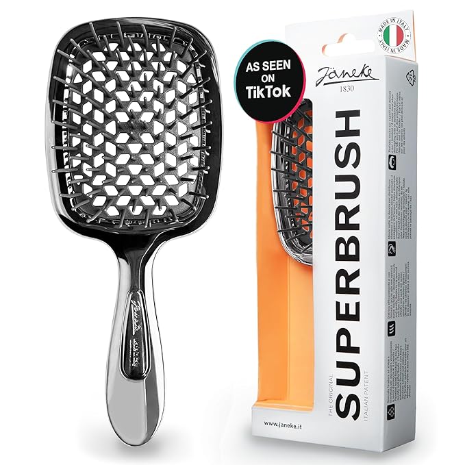 Janeke Superbrush Detangling Brush for Soft Smoothing Hair Brushing with Anti-Static Bristles - Vented Wet Hair Brush for Blow Drying Use - Perfect for Curly, Thick, Wavy, Fine Hair Types (Silver)