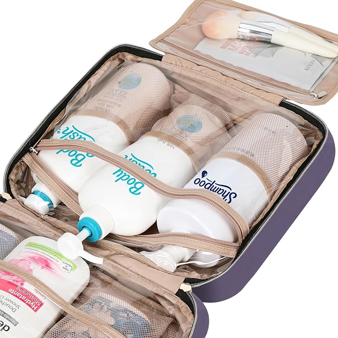 NISHEL Travel Toiletry Bag for women, Portable Hanging Organizer for Family-Sized Shampoo, Conditioner, Brushes Set, Makeup Accessories, Extra Large Size, Purple