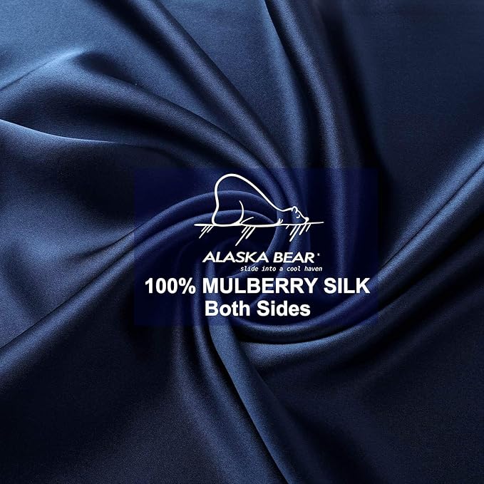 ALASKA BEAR Silk Pillowcase Queen Size Gift Set for Skin and Hair Care Beauty Sleep 100 Percent Organic Mulberry Pillow Slip Case (1pc, Navy)