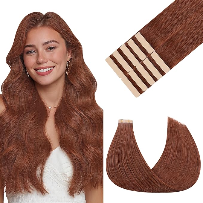GOO GOO Tape in Hair Extensions Human Hair, #33B Dark Auburn Copper, 20inch 30g 10pcs, Skin Weft Seamless Invisible, Silky Straight with Thick Ends, Remy Human Hair
