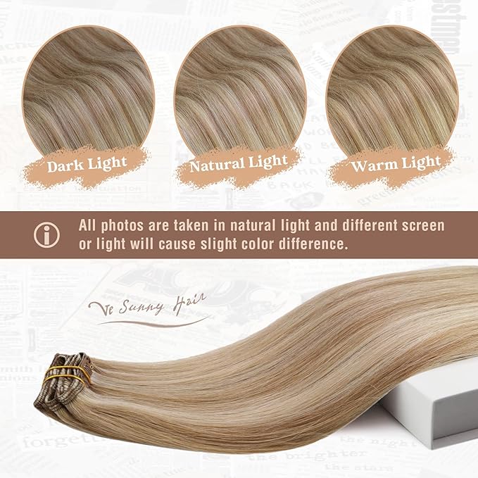 Ve Sunny Clip in Human Hair Extensions Highlights Clip in Hair Extensions Dark Ash Blonde Highlights Light Blonde Real Hair Extensions Clip in Human Hair for Thin Hair Daily Use 7pcs 16inch 120g