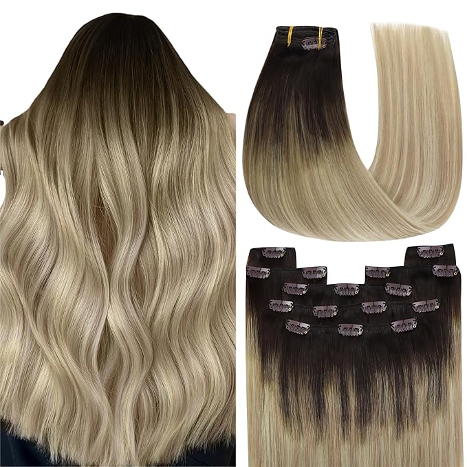 YoungSee Clip in Hair Extensions Human Hair Ombre Real Hair Extensions Clip in Human Hair Medium Brown Ombre Golden Mix Platinum Blonde Balayage Easy to Put on Clip in Hair Extension 7Pcs 24In 120G