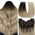 YoungSee Clip in Hair Extensions Human Hair Ombre Real Hair Extensions Clip in Human Hair Medium Brown Ombre Golden Mix Platinum Blonde Balayage Easy to Put on Clip in Hair Extension 7Pcs 24In 120G