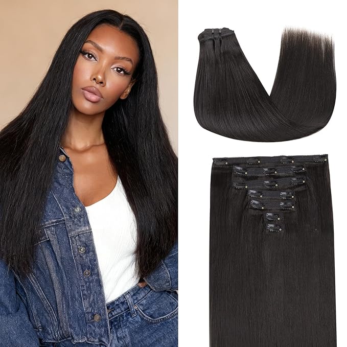 Lashey Clip in Hair Extensions 7pcs 120g Light Yaki Straight Hair Extensions Real Human Hair Natural Black 24 Inch Hair Extensions Real Human Hair Clip ins