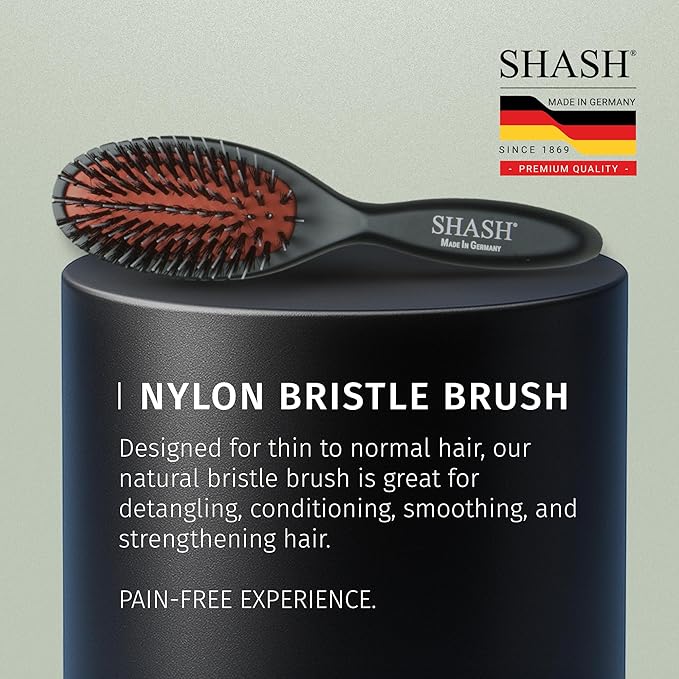 SHASH Since 1869 Hand Made In Germany - Nylon Boar Bristle Brush Suitable For Normal to Thick Hair Gently Detangles, No Pulling or Split Ends - Softens Improves Hair Texture, Stimulates (Extra Small)