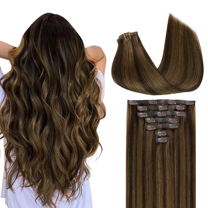 GOO GOO Clip in Hair Extensions Real Human Hair, Remy Human Hair Extensions Clip ins for Women, Natural Human Hair, 14inch 110g 7Pcs, 2C/4E/6C Brown Sugar Swirl Highlights