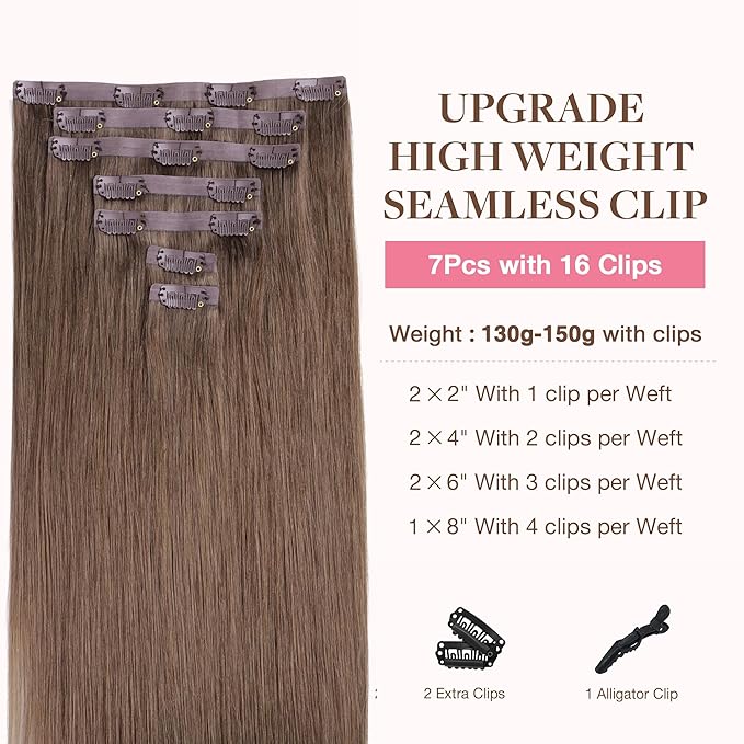 GOO GOO Clip in Hair Extensions Real Human Hair, Remy Human Hair Extensions Clip ins for Women, Natural Human Hair, 22inch 160g 7Pcs, #5 Light Ash Brown
