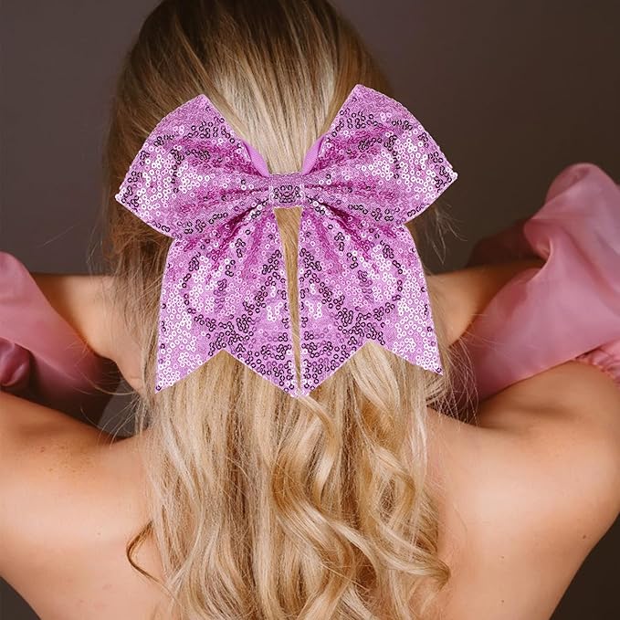 Large Big 7 Inch Glitter Bow Clip Sequin Bling Party Hair Accessories for Women Teens Girls Kids 2 Pcs (Pink, Light Purple)