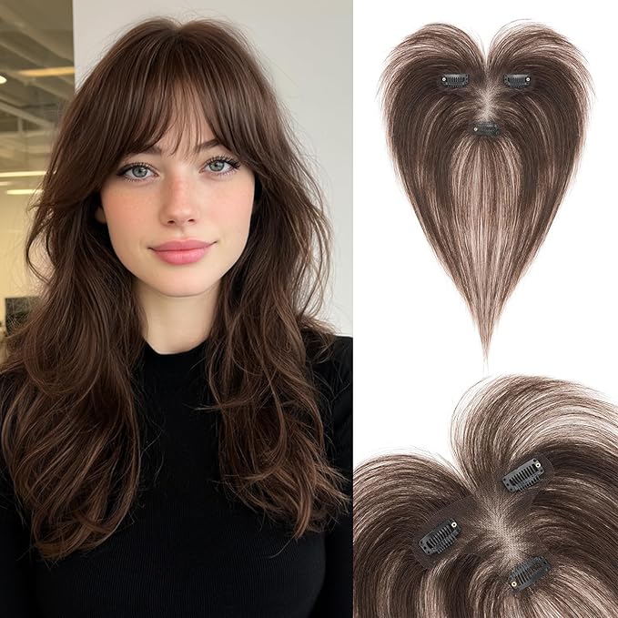 Hair Topper Human Hair Curtain Air Bangs Topper for Women,3.54x4.92 T-part Lace Base Topper Hair Piece for Daily Wear(Dark Brown)
