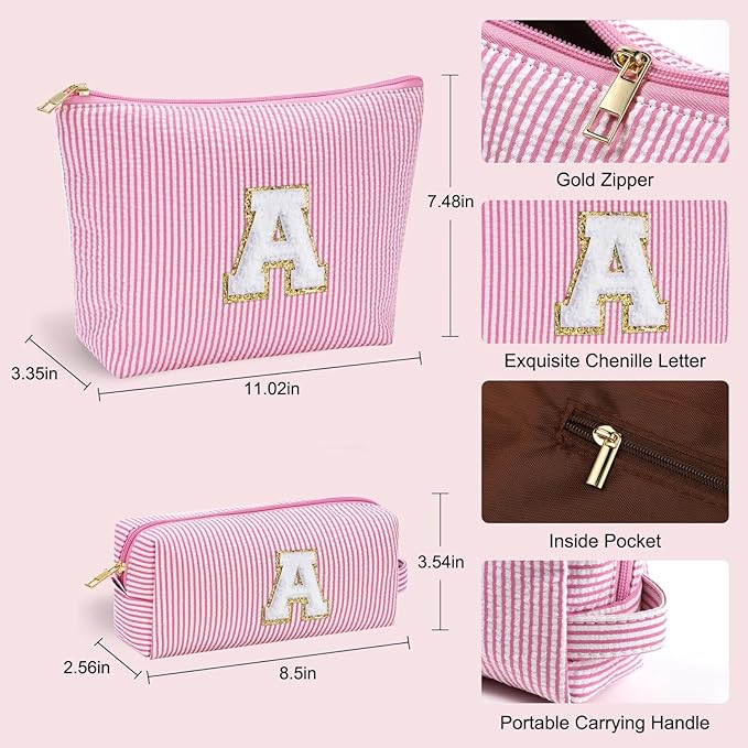 YOOLIFE Initial Makeup Bag for Girls, Travel Cosmetic Bag with Small Makeup Brush Bag Cute Makeup Bag Toiletry Travel Bag Personalized Wife Friend Gifts Makeup Birthday Gifts for Women Her Pink R