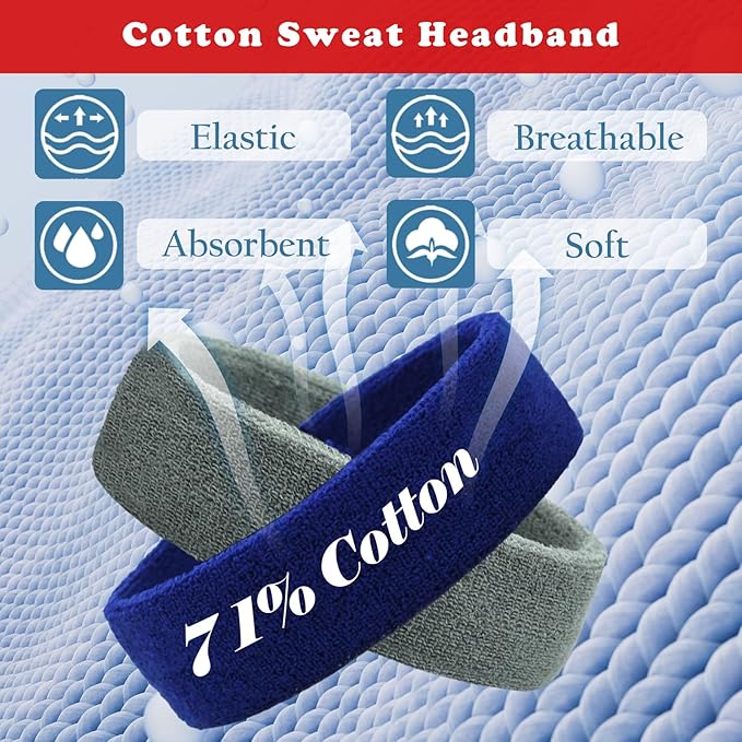 Sweatbands Sports Headbands for Men & Women - 3 Pack Moisture Wicking Cotton Headband for Tennis, Basketball, Running, Gym - Sweat Band