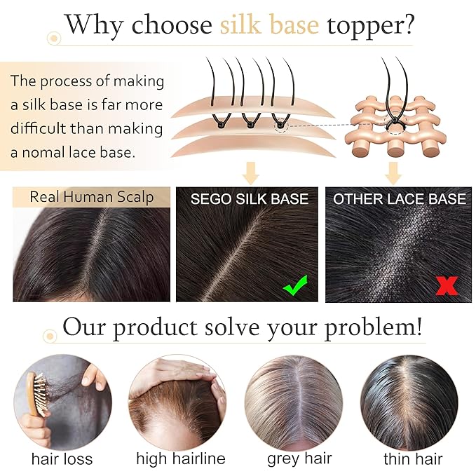SEGO Hair Toppers for Women Real Human Hair With Bangs, 7 * 13CM Silk Base 100% Remy Human Hair Clip in Top Wiglet Hairpieces Add Volume -8 Inch Light Brown