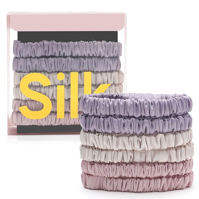 6Pcs Silk Hair Ties Small 22 Momme 100% Pure Mulberry Silk Scrunchies for Women Girls Thin Skinny Hair Sleep Scrunchies No Damage(Color 08)