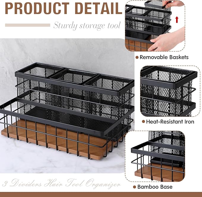 1 Pcs Hair Tool Organizer Countertop Breathable Metal & Bamboo Hot Tools Organizer Under Sink Bathroom Hair Dryer Holder Countertop Brush Comb Holder,makeup tray (Koa Wood,Black)