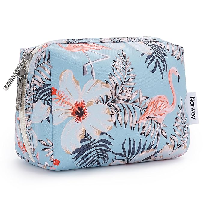 Narwey Small Makeup Bag for Purse Mini Cosmetic Bag Travel Makeup Pouch Zipper Pouch Cute Make up Bags with Compartments for Women Girls(Small, Aqua Flamingo)