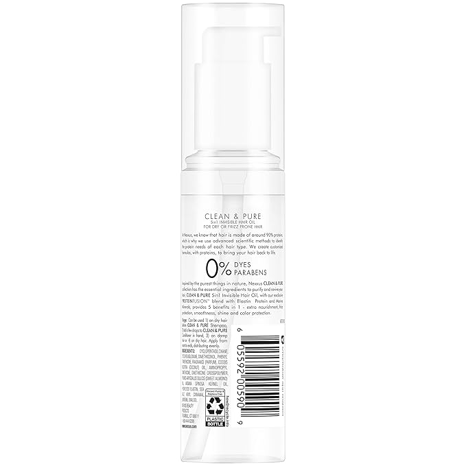 Nexxus Clean & Pure 5 in 1 Invisible Oil for Frizzy Hair, Nourishing Detox Paraben & Dye Free, 3.3 Fl Oz