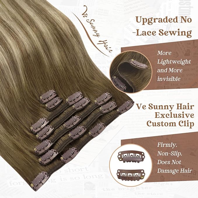 Ve Sunny Human Hair Clip in Extensions Balayage Clip in Hair Extensions Ombre Hair Extensions Clip ins Dark Brown to Light Brown with Blonde Clip on Extensions Easy to Use 16inch 120g 7pcs